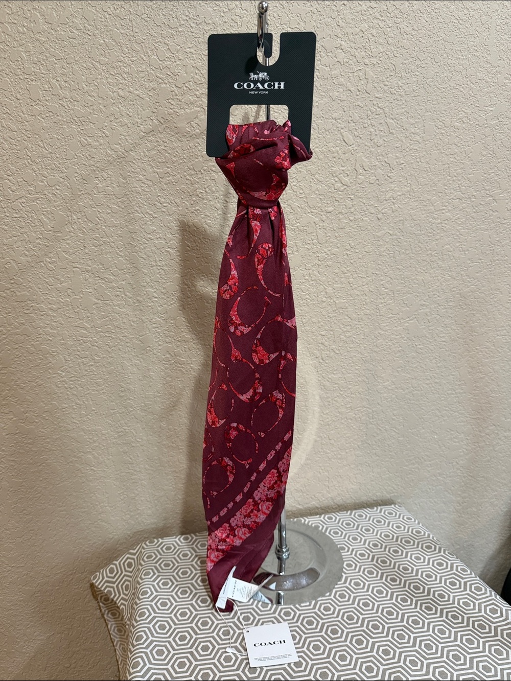 Coach Woman’s Burgundy and Red Patterned Silk Scarf